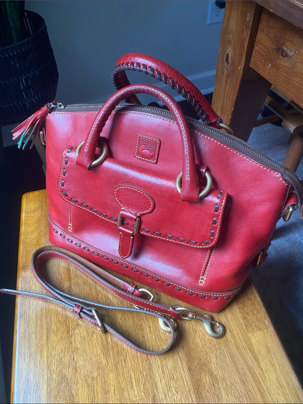 Dooney & Bourke Florentine Janine Red Leather Satchel Whip Stitching Top Handles